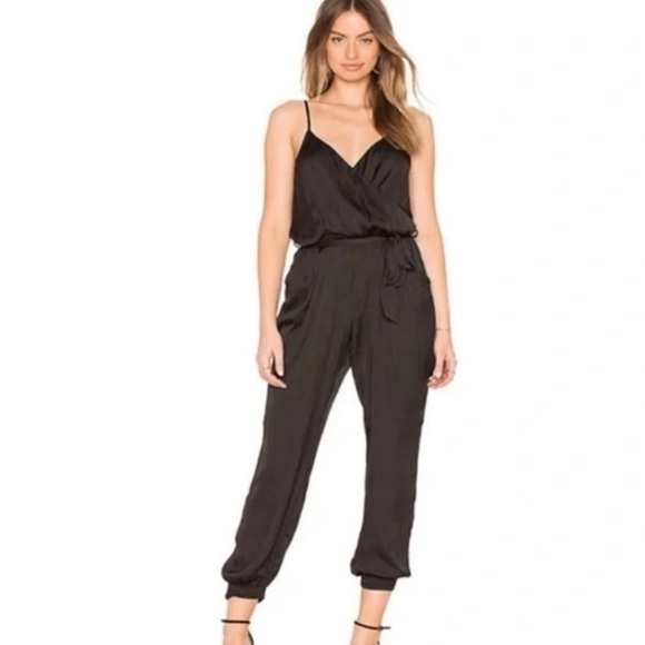 Bardot Black satin jogger Jumpsuit pockets v neck adjustable straps 10 large - Picture 1 of 10